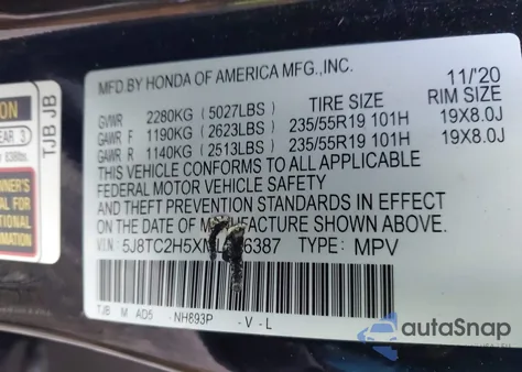 2021 Acura Rdx Technology Package z USA, uszkodzony, nr VIN 5J8TC2H5XML016387